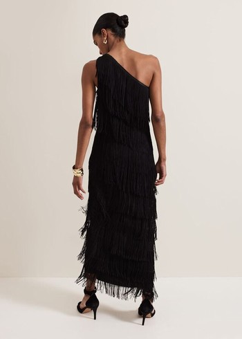 Phase Eight Otto One Shoulder Fringe Dress Black USA | 2931687-DX